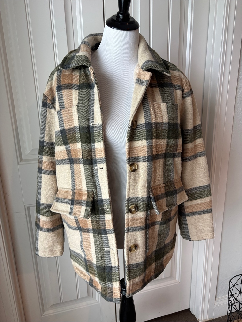 American Eagle Outfitters Beige, Olive & Tan Plaid Wool-Blend Jacket